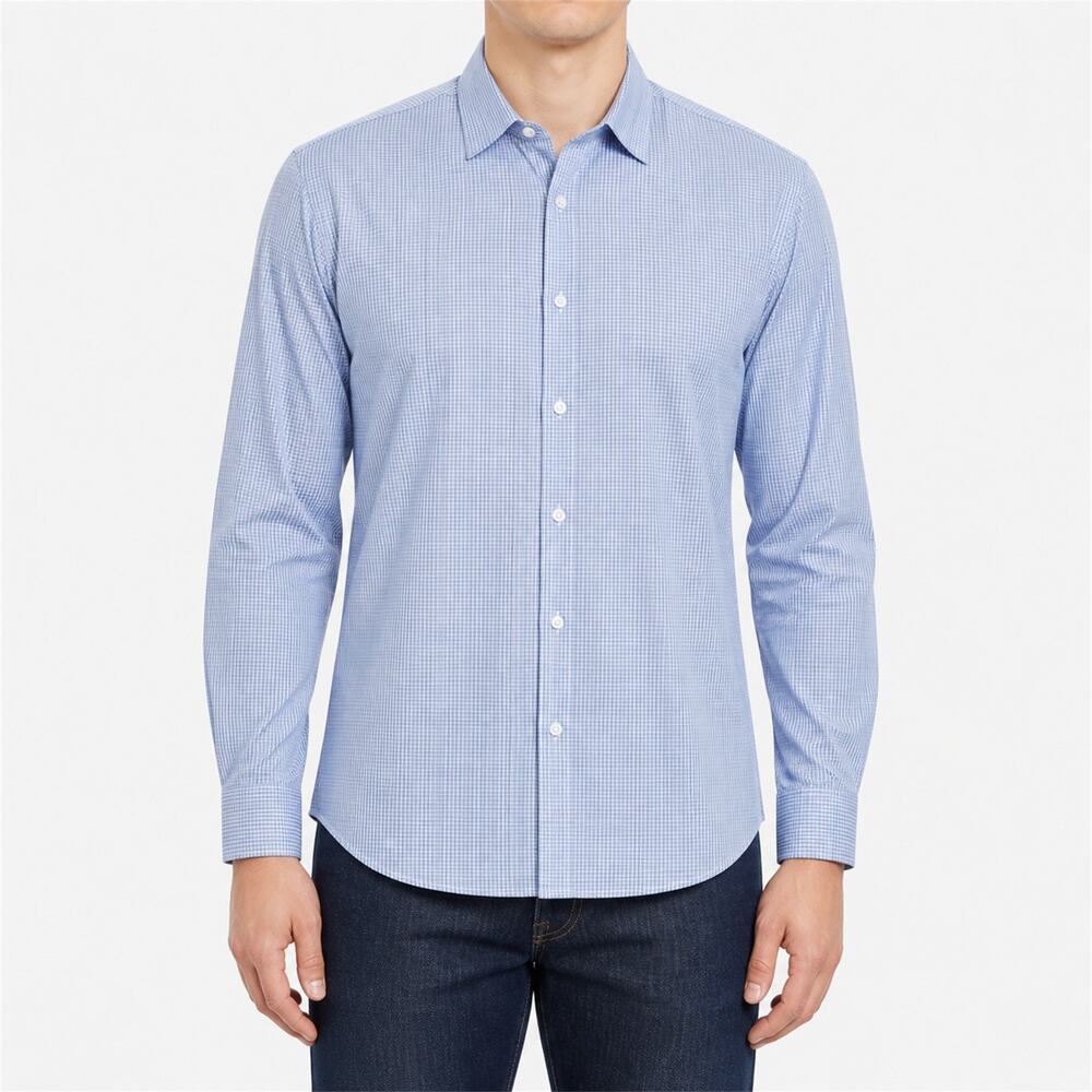 Bill Blass Shirt Men Large Blue Houndstooth Essentials Slim Fit Non-Iron Stretch